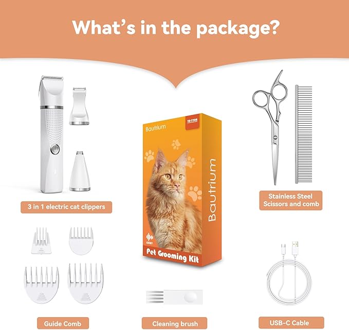 Cat Grooming Clippers Kit with Paw Trimmer, 3 in 1 Electric Pet Hair Trimmer Supplies for Thick Matted Hair, Heavy Coat Butt Shaver Cat Razor Fur Trimmer for Dogs at Home (White)