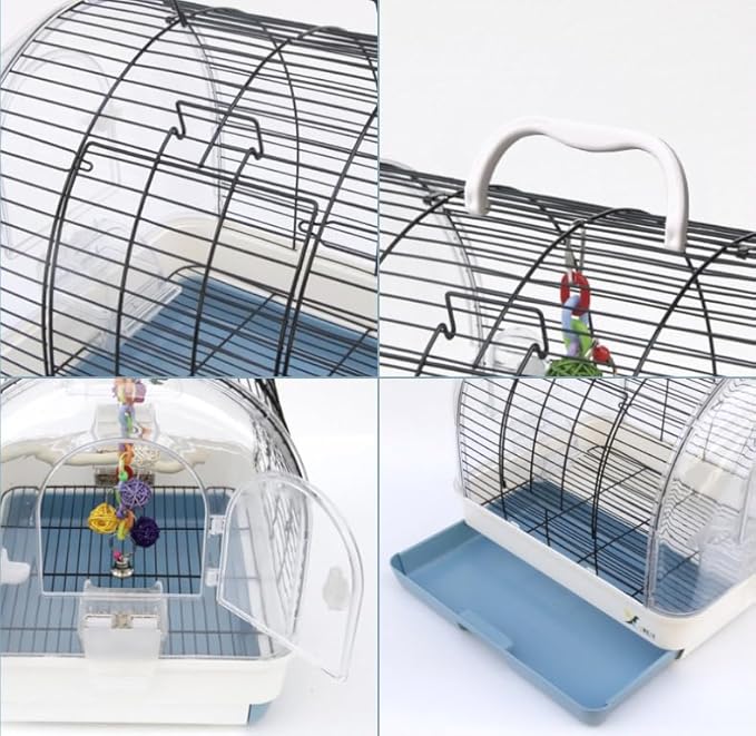 Portable Bird Cage Carrier for Small to Medium Birds – Sturdy Metal & Plastic Construction, Easy-Carry Handle, Removable Tray, 2 Food Bowls, 2 Wooden Perches – Ideal for Parakeets,