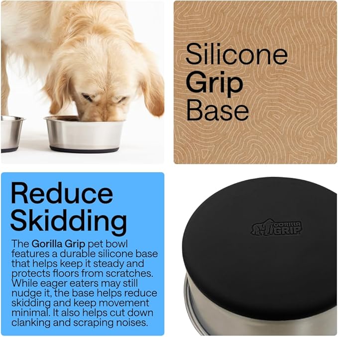 GORILLA GRIP Dog Bowls, Heavy Duty 304 Stainless Steel, Holds 6 Cups Each (48 fl oz) Food and Water Bowl for Feeding Dogs and Cats, Dishwasher Safe, Rust Resistant, BPA Free Rubber Base Set of 2 Black
