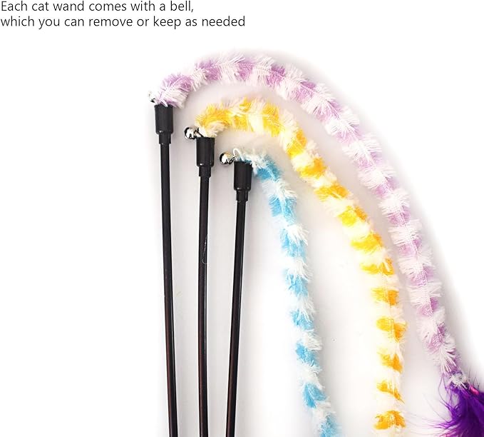 IUHKBH Cat Wand Toys 3 PCS Colorful Plush Strips Teaser Wands with Bell Interactive Cat Toys Cute Kitten Stick for All Breed Size