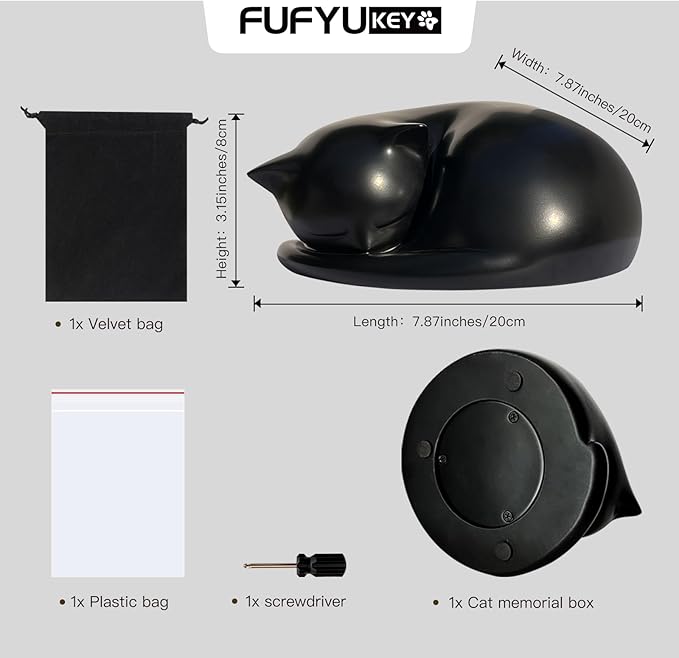 Cat Urn, Black Resin, Sleeping Kitty Pet Memorial Keepsake Funeral Urn for Cats Ashes, Up to 8kg, 7.87 x 7.87 x 3.15 inches