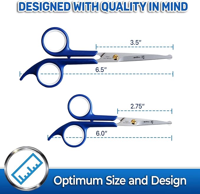 Pet Magasin Japanese Stainless Steel Grooming Scissors (2) for Facial Hair and Larger for Body Trimming with Round Tip (Blue)
