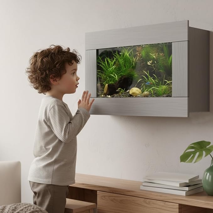 Aussie Aquariums 3.0 Wall Mounted Fish Tank Kit with LED Lighting, Built-in Filter System, Modern Space-Saving Design, Complete Accessories Set (Stainless Steel, View)
