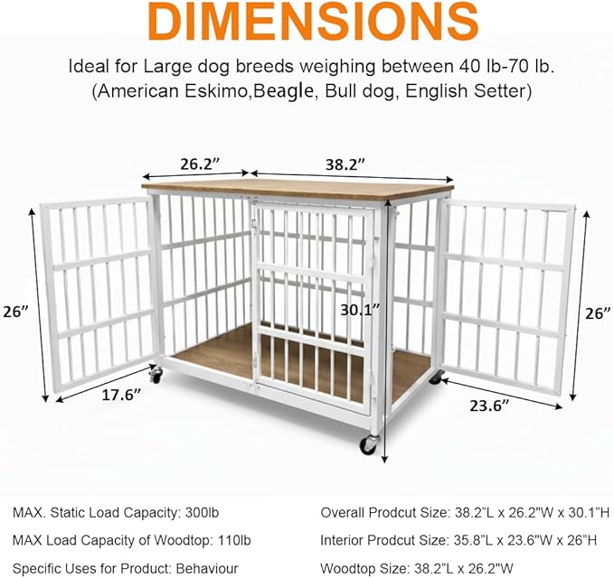 38 inch Dog Crate Furniture, Heavy Duty Dog Kennel Indoor for Large Dogs, Escape-Proof and Chew-Proof Wooden Dog Cage for high Anxiety Dog, Decorate House as TV Stand, End Table