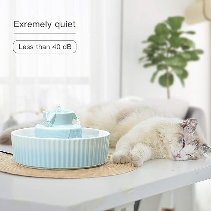 360 Ceramic Pet Fountain, Advanced Porcelain Cat Water Fountain, 70 oz.Drinking Fountains Bowl for Cat and Dogs with Replacement Filters and Foam (Green Blue)