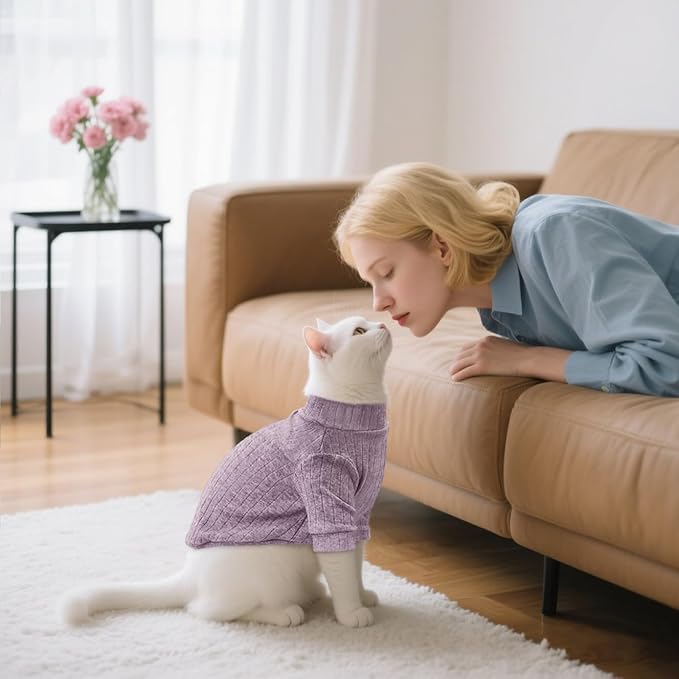 Idepet Sphynx Hairless Cats Sweater Shirt Kitten Soft Puppy Clothes Pullover Cute Cat Pajamas Jumpsuit Cotton Apparel Pet Winter Turtleneck for Cats and Teacup Chihuahua Small Dogs(Purple,M)