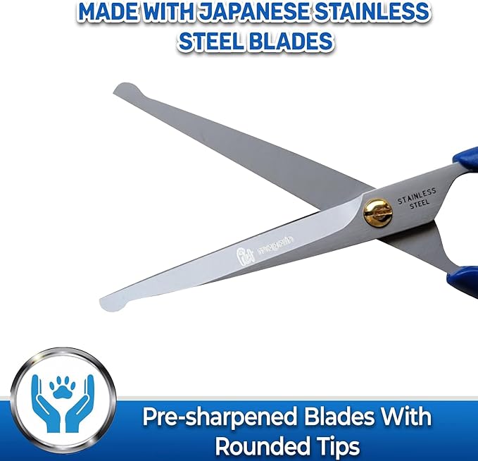 Pet Magasin Japanese Stainless Steel Grooming Scissors (2) for Facial Hair and Larger for Body Trimming with Round Tip (Blue)