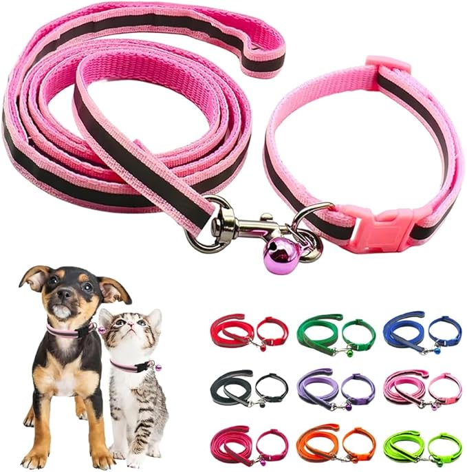 Reflective Puppy Collar and Leash Sets, Small Dog Collars for Small Dogs Adjustable Kitten Collar with Bell for Tiny Little XXS XS Extra Small Breed Pets Cats Girls Female, Pink
