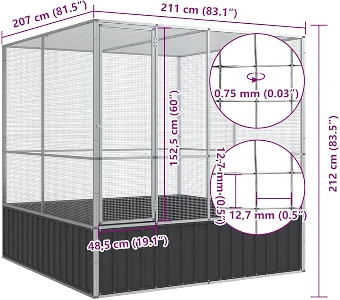 vidaXL Aviary Silver - 83.1"x81.5"x83.5" Galvanized Steel Bird/Parrot Cage - Spacious, Sturdy, Mesh Grid, Lockable Door for Safety