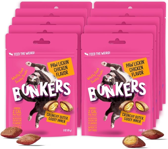 Bonkers Cat Bites, Crunchy & Soft Paw Lickin' Chicken Flavor Treats, Low Calorie, Training or Food Topper, 3 OZ Resealable Bag for All Breeds and Ages, Value Pack (10 Pack)