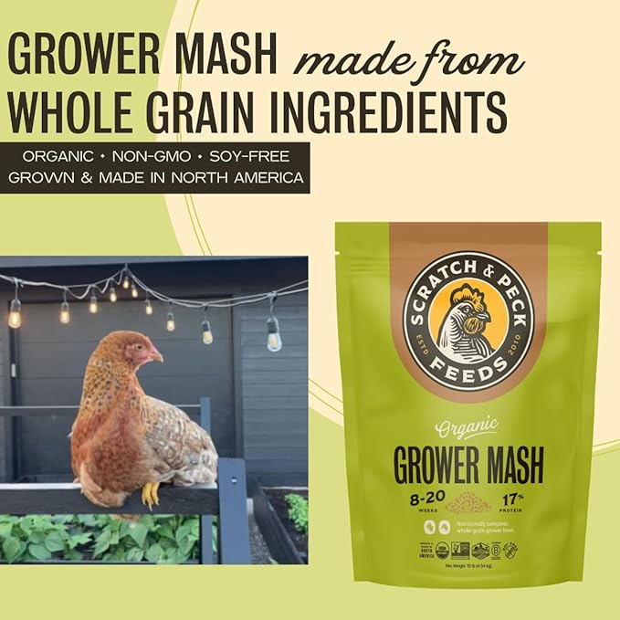 Scratch and Peck Whole Grain Grower Mash Chicken and Duck Feed - 10 lbs Bag - Corn-Free and Soy-Free - 17% Protein, Certified Organic and Non-GMO Project Verified Chicken Food (Pack of 2)