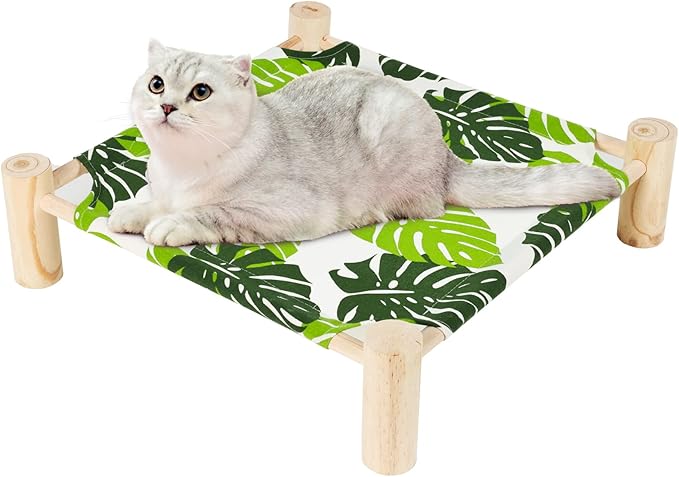 Patas Lague Cat and Dog Hammock Bed for Small Dogs, Brethable Wooden Cat Pet Rabbit Elevated Cooling Outdoor Bed Cots Furniture for All Seasons Monstera Leaf