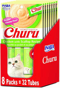 INABA Churu Lickable Purée Natural Cat Treats - Chicken with Scallop Recipe (4 Servings per Package, 8 Packages) (32 Tubes)