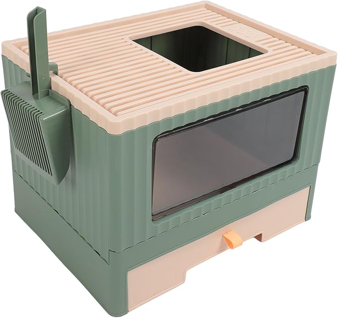 Cat Litter Box, Enclosed Cat Litter Boxes Foldable Toilet Box Potty with Front Door and Scoop Top Entry for Adult Kitten, 17.7x13.4x13.2in (Green)