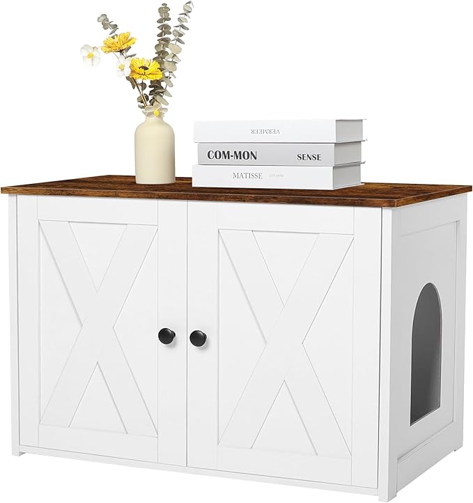 Dwanton Litter Box Enclosure, Cat Litter Box Furniture Hidden, Reversible Entrance Can Be on Left or Right Side, Wooden Cat Washroom Indoor, White and Rustic Brown, 27.6 Inches