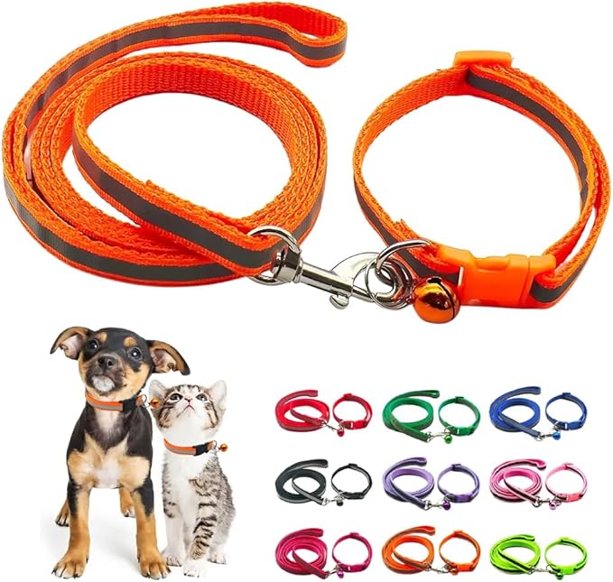 Orange Kitten Collar and Leash Set, Reflective Puppy Collar and Leash Adjustable Quick Release Dog Collars for Small Dogs with Bell for Tiny Little XXS XS Extra Small Breed Pets Cats Girls Boys