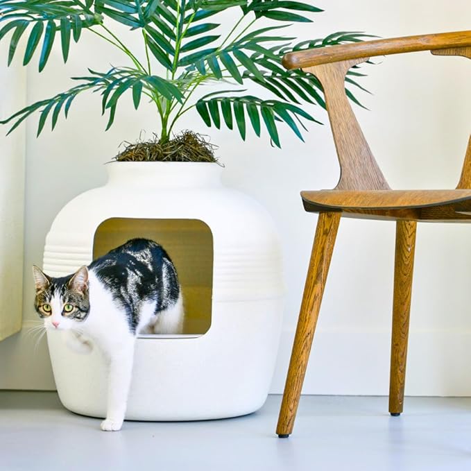 Good Pet Stuff Hidden Litter Box Planter, Decorative Cat Litter Enclosure with Carbon Filter, Artificial Plant, Easy Clean, Removable Liner, Round Style, Essentials Kit, Classic White