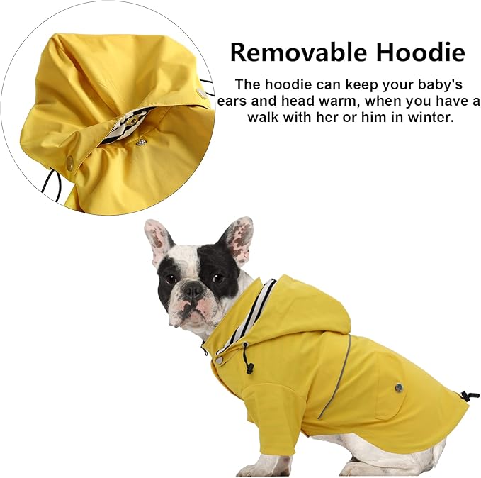 Morezi Dog Zip Up Raincoat with Reflective Buttons, Rain/Water Resistant, Adjustable Drawstring, Removable Hood, Raincoats with Legs 8lbs to 80lbs Available - Yellow - XS