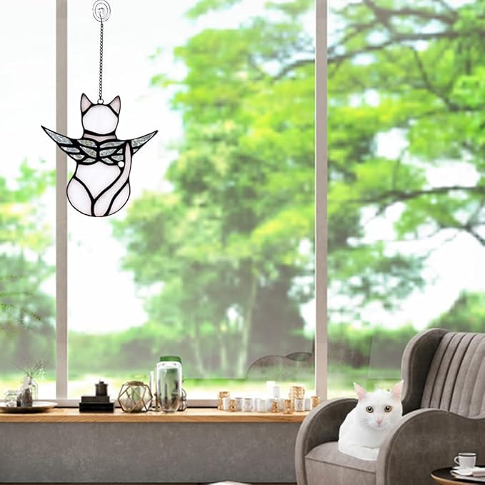Angel Cat Memorial Present Ornaments, Acrylic Window Hanging Decorations for Cat Lovers, Angel Wings Suncatcher Decor, Pet Memorial Sympathy Present Statue (White)