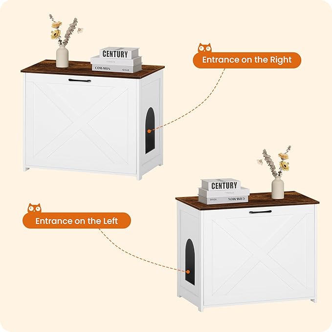 Dwanton Cat Litter Box Furniture Hidden, Cat Litter Box Enclosure, Reversible Entrance Can Be on Left or Right Side, Indoor Cabinet, Wooden Washroom, End Table, White and Rustic Brown, 27.6" L