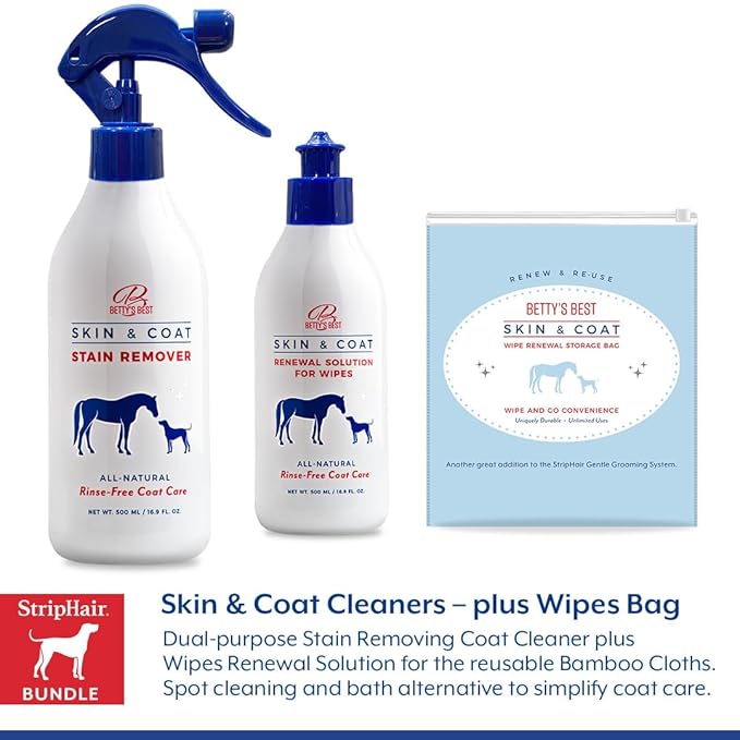 StripHair DOG Grooming Kit 8-piece: The Gentle Groomer 6-in-1 Shedding Coat Shine Massage and Pet Hair Remover Tool, Storage Pouch, 2 Packs Bamboo Wipes, 2 Coat Cleaners, Dog Bowl, Tote Bag