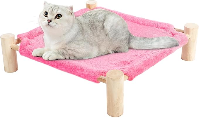 Patas Lague Cat and Dog Hammock Bed for Small Dogs, Brethable Wooden Cat Pet Rabbit Elevated Outdoor Bed Cots Furniture for All Seasons Fleece Hot Pink