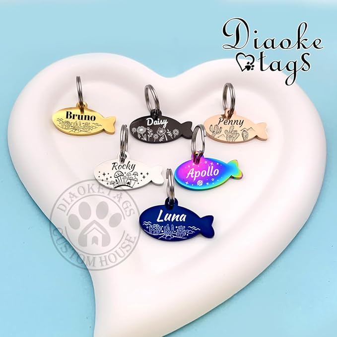 Stainless Steel Cat ID Tag Personalized Pet Tags with up to 4 Lines of Custom Text, Small Pet Mini Dog Cat Tag Lightweight, Engraved on Both Sides, Multiple Patterns Colors Size Options (Mushroom)