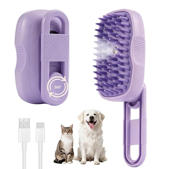 Cat Steam Brush for Shedding, 4 in 1 Rechargeable Steam Brush for Cats and Dogs, Anti-Static, Massage, Cleaning, Shedding & Combing All in One! (Purple)