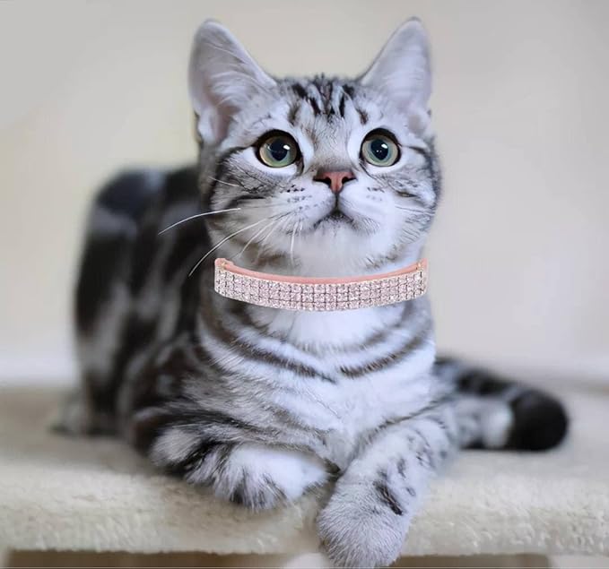 THAIN Rhinestones Cat Dog Collar Soft Velvet Safe Adjustable Collar Bling Diamante with Bells, 8-11 inch for Small Dogs and Cats (Pink+Black)