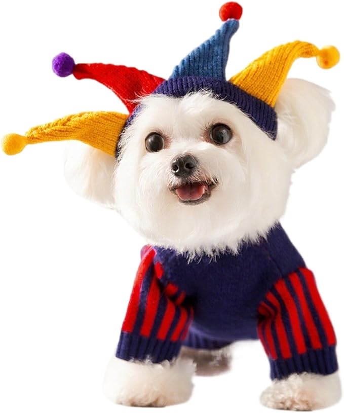 Cat Christmas Sweater Dog Circus Clown Jester Costume with Joker Hat for Small Dogs Cats Cosplay Apparel Kitten Clothes