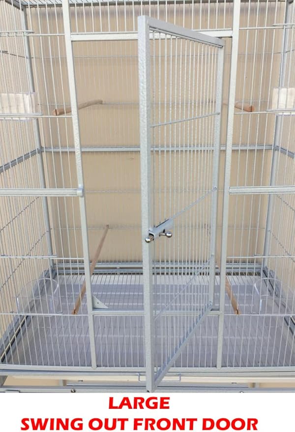 64" Extra Large Wrought Iron Metal Tight 1/2-Inch Bar Spacing Bird Flight Breeder Cage with Side Breeding Nesting Box Doors Easy Clean Pull Out Tray with Removable Rolling Stand