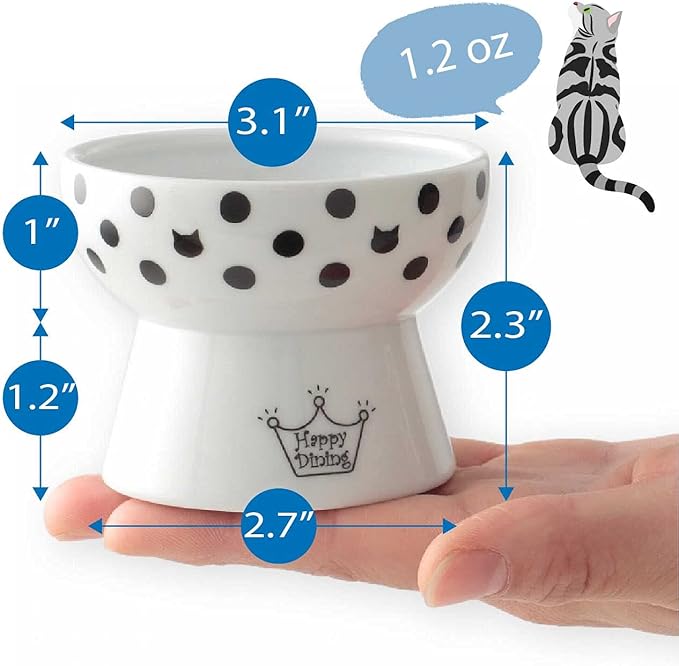 Necoichi Raised Cat Food Bowl – Ceramic Elevated Cat Bowl for Whisker & Neck Fatigue, Dishwasher Microwave Safe – Non-Slip & Anti Vomiting Ergonomic Design (Dots, Mini)