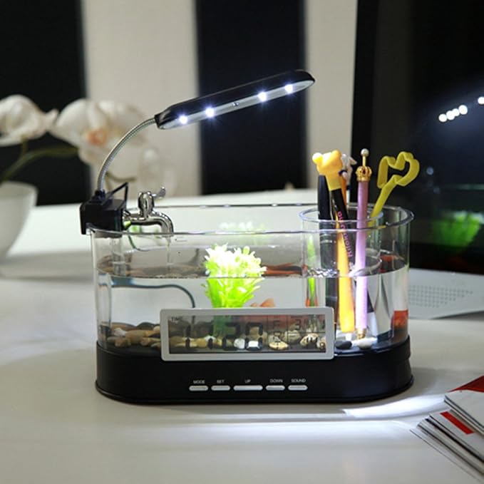 Modern Home USB Desktop Aquarium with Light/Clock Organizer