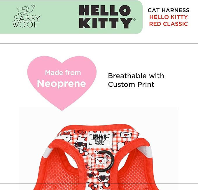 Sassy Woof Cat Step-in Harness - Hello Kitty® Red Classic - L, Breathable Mesh, No Pull Design with Two D-Rings, Perfect for Large Cats - Officially Licensed