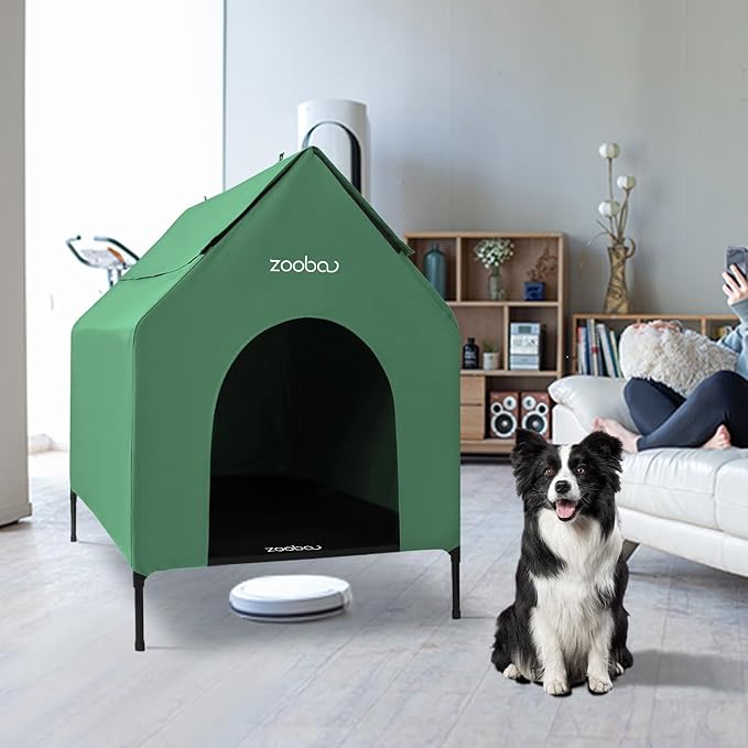 Outdoor Dog House – Weatherproof Elevated Pet Shelter, Breathable Mesh & Steel Frame, Easy to Assemble & Clean, Large Dog Houses for All Seasons (Green, Large)