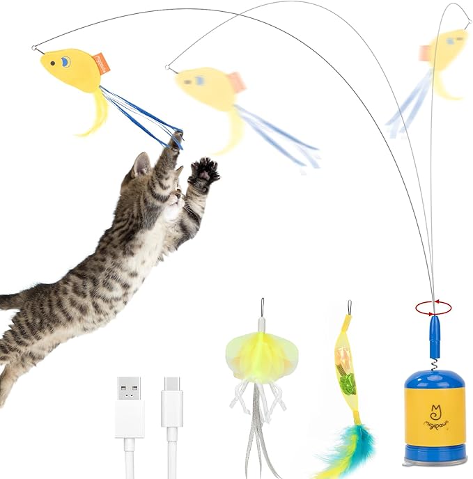 Migipaws Interactive Automatic Cat Teaser Wand Toy with Strong Suction Cup, 70cm Flexible Wire & DIY Bending Design, Rechargeable Cat Exercise Toy with Auto Timer for Indoor Cats(Blue)