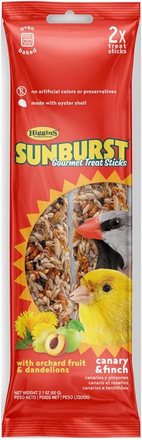 Higgins Sunburst Gourmet Canary, Finch Treat Sticks Bundle | Sunburst Gourmet Canary, Finch Orchard Fruit/Dandelion Sticks 2pk & Honey/Berries Sticks 2pk.