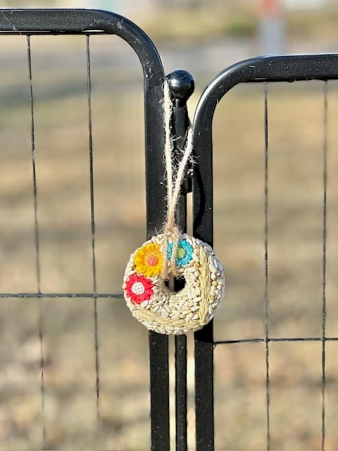 8-Pack Hanging Bird Seed Ornaments w/ 100% Edible Flowers & Wheat Stalks, Circle Shape, 3 Seed Blends Included, 100% Edible (Safe for Bird Consumption)