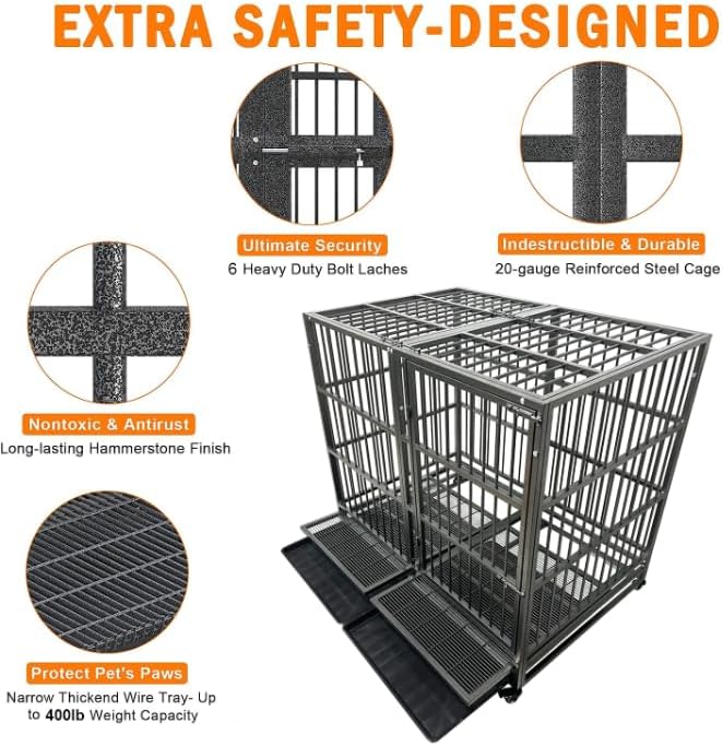 54 inch Heavy Duty Indestructible and Escape-Proof Dog Crate Cage Kennel for Large Dogs, High Anxiety Dog Crate with Removable Wire Trays and Wheels, Extra Large XL XXL, Black
