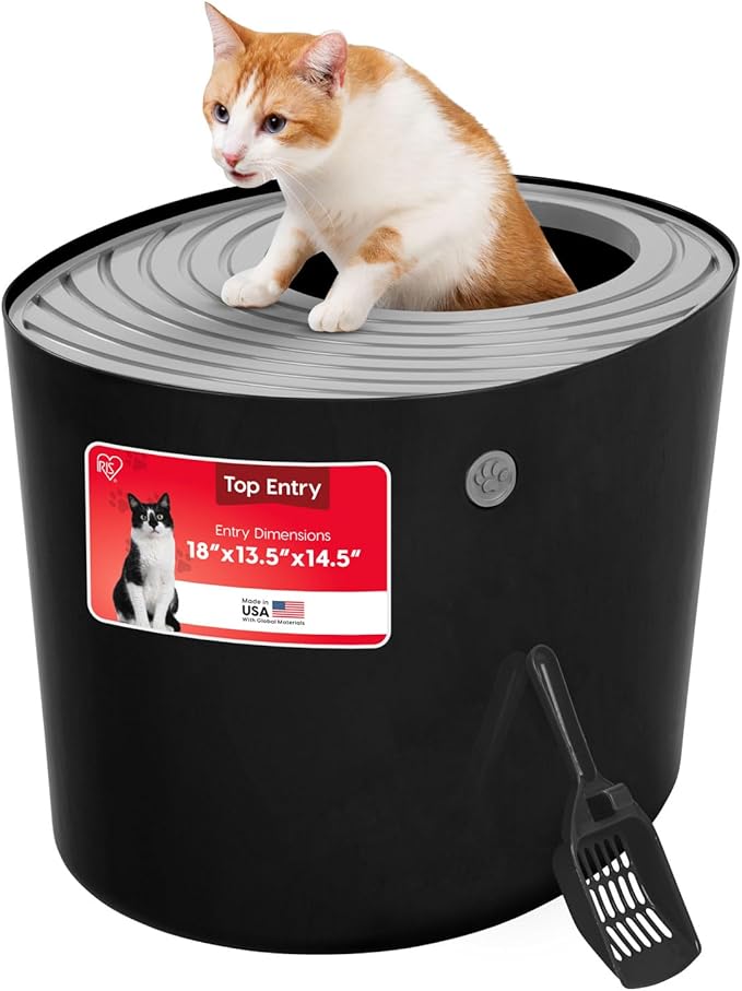 IRIS USA Large Top Entry Cat Litter Box with Lid Enclosed Covered Hooded Design Litter Catching Scatter Shield Pan Dog Proof Pet Proof Scoop Included Odor Control for Indoor Cats Kittens, Black/Gray