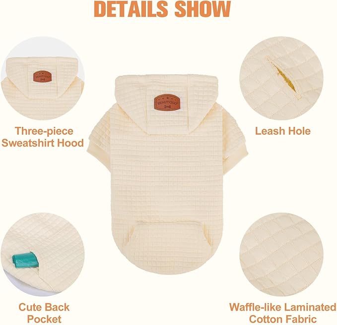 BEAUTYZOO Dog Hoodie with Leash Hole and Pocket,Dog Sweaters for Small Medium Large Dogs Boys Girls,Waffle-Like Laminated Cotton Warm Outfits for French Bulldogs, Pitbull, Winter Puppy Clothes Jacket