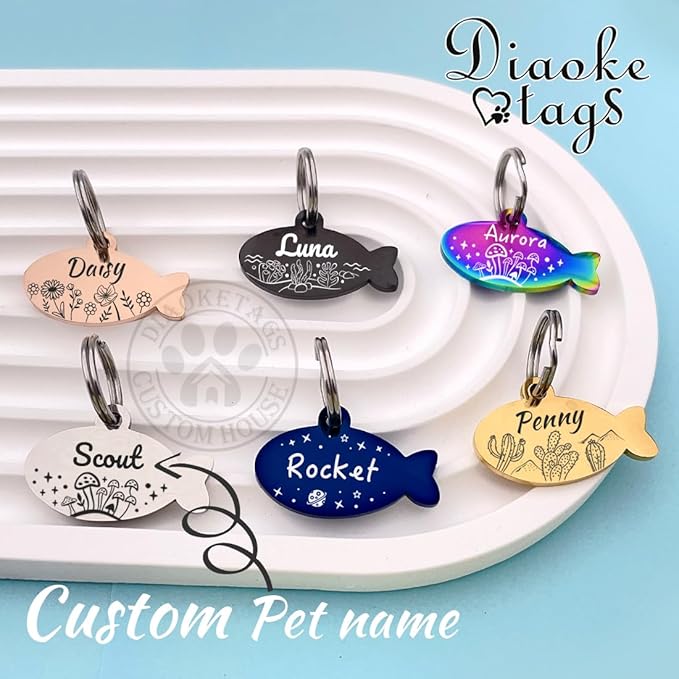 Stainless Steel Cat ID Tag Personalized Pet Tags with up to 4 Lines of Custom Text, Small Pet Mini Dog Cat Tag Lightweight, Engraved on Both Sides, Multiple Patterns Colors Size Options (Daisy)