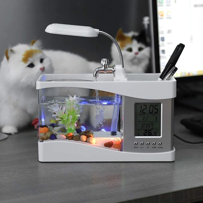 Multifunctional Mini Fish Tank, Desktop Fish Tank Aquarium USB Rechargeable Mini Fish Tank Aquarium Mini Fish Bowl with Clock Function LED Light (White)