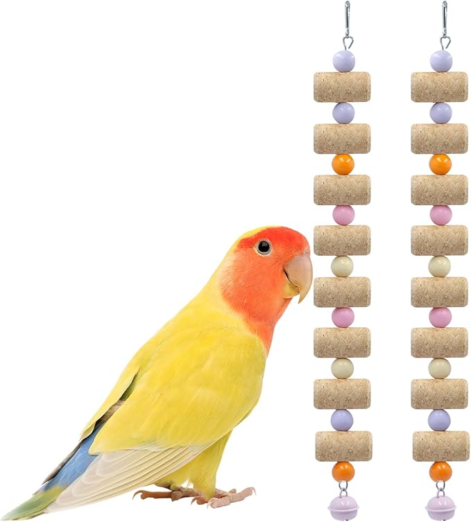 Bird Toys, 2 Pack Bird Chew Toy with Wooden Corks and Colorful Plastic Beads, Parakeet Toys, Cage Accessories for Budgies, Cockatiels, Lovebirds, Green Cheeks, Small to Medium Birds