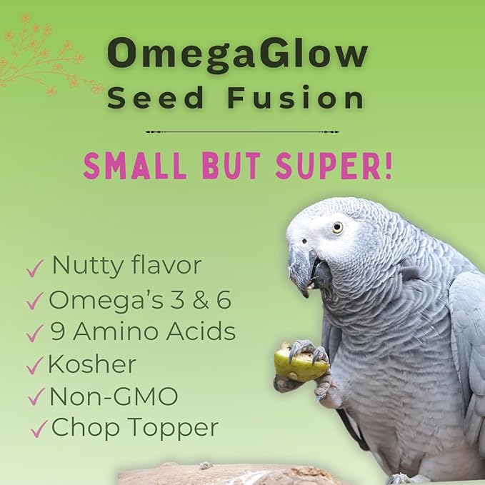 UnRuffledRx™ OmegaGlow for Birds – Raw, Natural Seed Blend for Feather Growth & Molting Support – Skin & Immune Health with Chia, Flax & Hemp Seeds – Helps Reduce Plucking – 2 oz Shaker Jar
