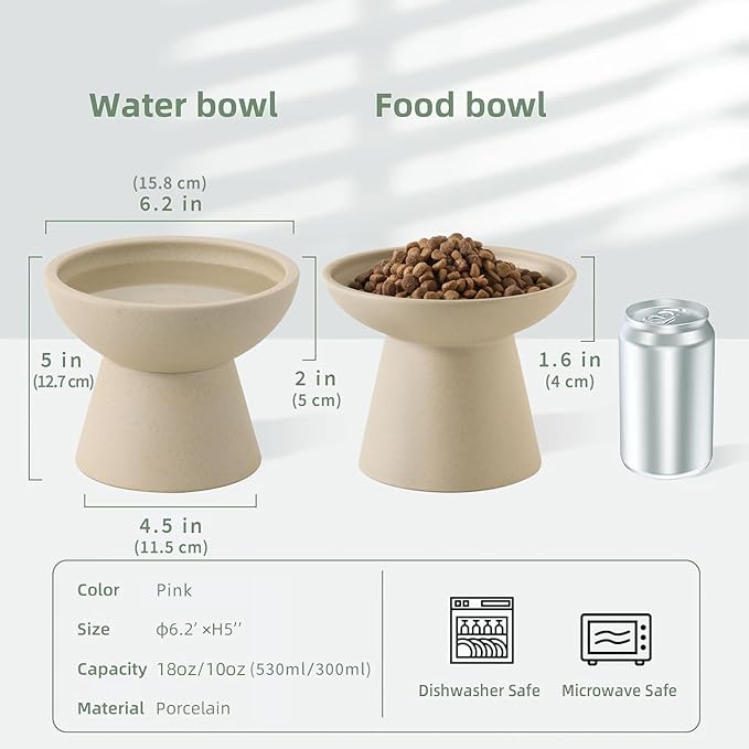 2 Elevated Cat Bowls Extra Wide for Food & Water – Whisker Fatigue, Ceramic Wide Shallow Food Dish, Lead & Cadmium Free, Raised Height for Cats, Pottery Clay (Not Glazed)