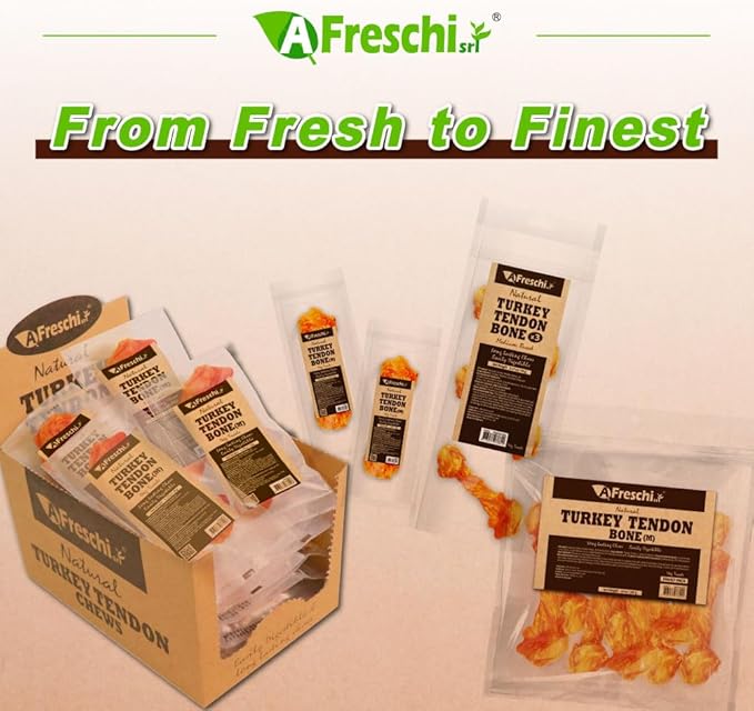 A Freschi srl Turkey Tendon of Dog Bones Shape, USA-Sourced, Limited-Ingredient, Rawhide-Free, Long-Lasting, All-Natural Dog Treats for Medium Dogs, 20 Count Box (M)