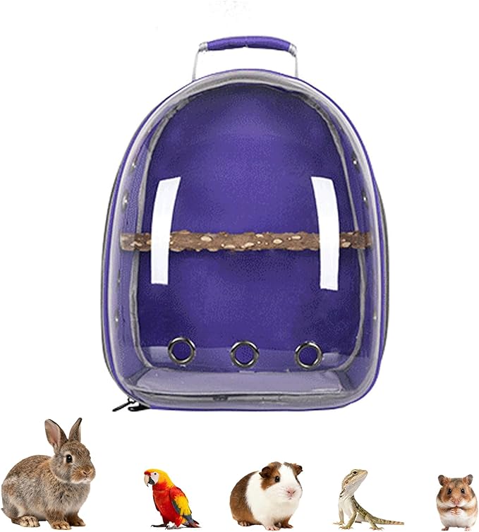 Transparent Parrot Backpack,12 Holes Ventilate Space Capsule Carrier,Stick Wooden Standing Perch,Portable Double Shoulder Outdoor Pet Backpack Carrier for Birds and Pets (Purple,with Stick)