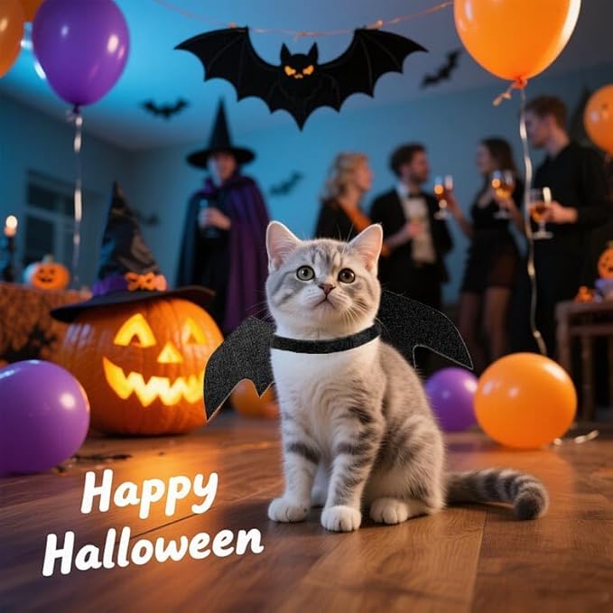 Pet Cat Bat Wings for Halloween,Soft Felt Costume for Cats & Dogs, Adjustable Straps, Cute Vampire Cosplay, Fun Halloween Photo Props Party Decoration Accessories (Black 16.54 x 6.3 inch)