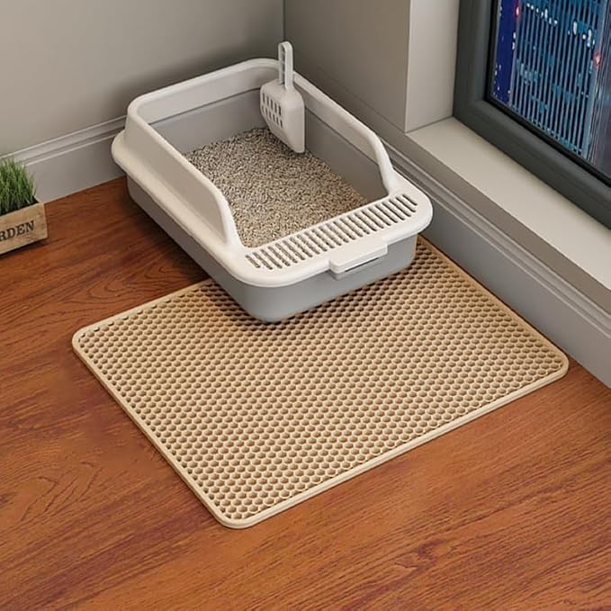 HCY&WLD 2-Pack Cat Litter Mat, Double Layer Honeycomb Waterproof Urine Proof Non-slip Litter Trapping Mat, Less Waste, Easy to Clean Cat Litter Box Mat, Kitten Indoor Supplies (Khaki, 20x16 Inches)